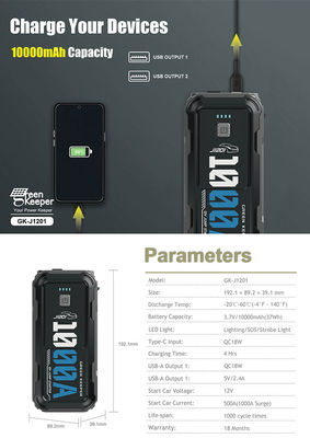 18WQCインプットLEDワークライト 10000mAh カージャンプスタート パワーバンク 1000A 双 USB出力