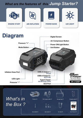 3000Aピーク電流 4イン1 ポータブルジャンプスタート 10000-24000mah パワーバンク 自動車充電器 バッテリーブースター