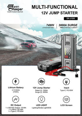 PD 65W 12V 3000A 20000mAh 多機能ポータブル 自動車 緊急 バッテリー ブースター ジャンプ スタート パワーバンク