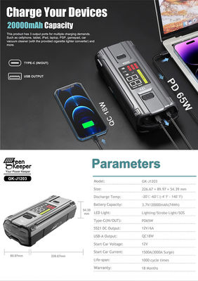 多機能ポータブル リチウム電池 小型車用 自動車ジャンプスタート 12V 20000mAh