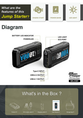 ガソリン・ディーゼル・カー ジャンプ・スターター 10000 Mah USB-A 充電出力 多機能 12v