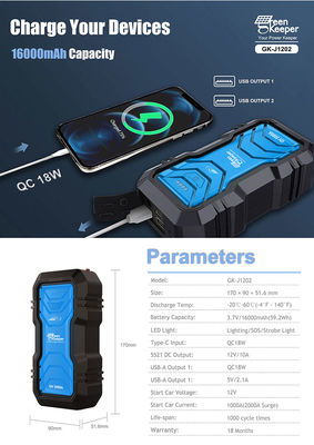 J1202 ハイパワー 2000A 16000mAh リチウムジャンプスタート パワーバンク 小型車用 電話 パワー