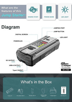 車用緊急バッテリー J1203 ピーク 3000A 20000mAh 8.0L 車両用のブーストジャンプスタート